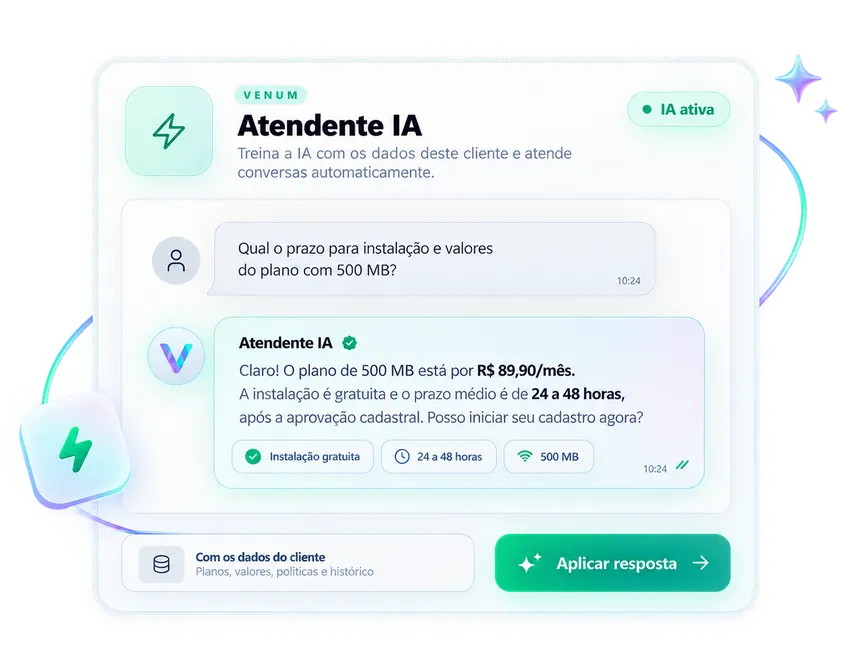 Atendente IA da Venum respondendo um cliente com preço e prazo, com o botão Aplicar resposta