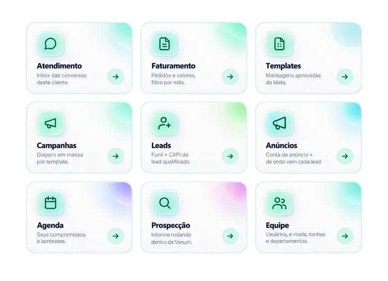 Módulos da Venum: Atendimento, Faturamento, Templates, Campanhas, Leads, Anúncios, Agenda, Prospecção e Equipe